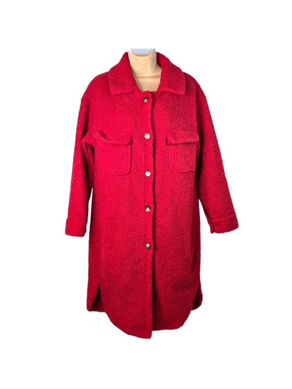 Zesica Womens Red Fuzzy Button-Down Longline Teddy Coat With Pockets Size S